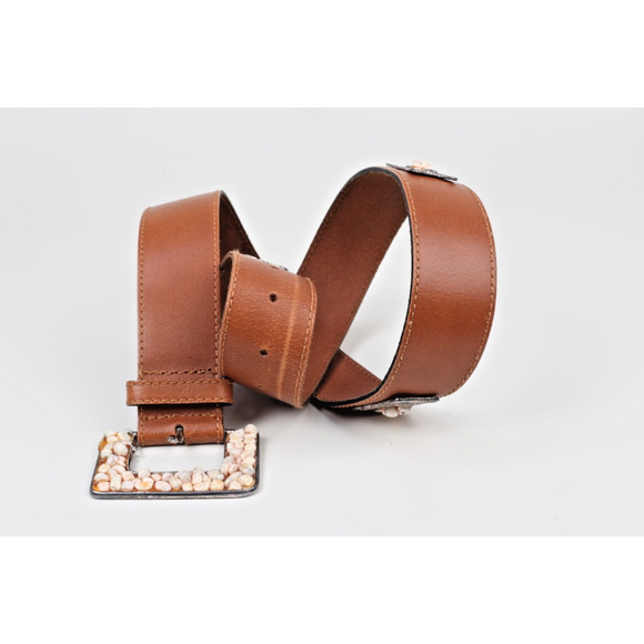 Vintage Express Brown Leather Belt Rock Studded Stone Embellished Buckle Size S